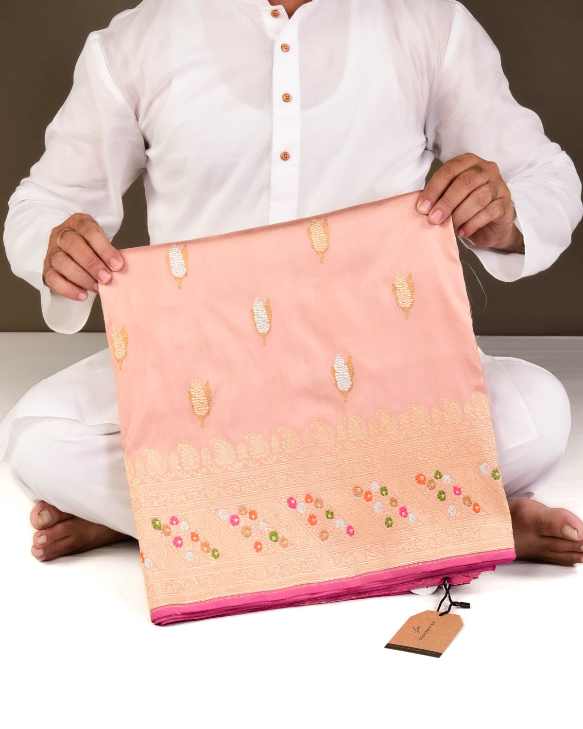 Peach Banarasi Gold Silver & Antique Zari Maize Buta Cutwork Brocade Handwoven Katan Silk Saree-HolyWeaves