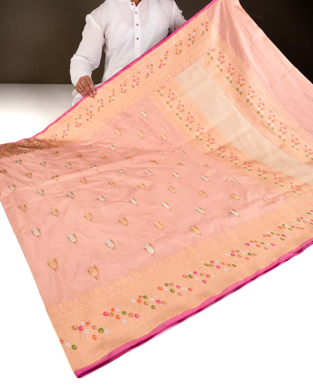 Peach Banarasi Gold Silver & Antique Zari Maize Buta Cutwork Brocade Handwoven Katan Silk Saree-HolyWeaves