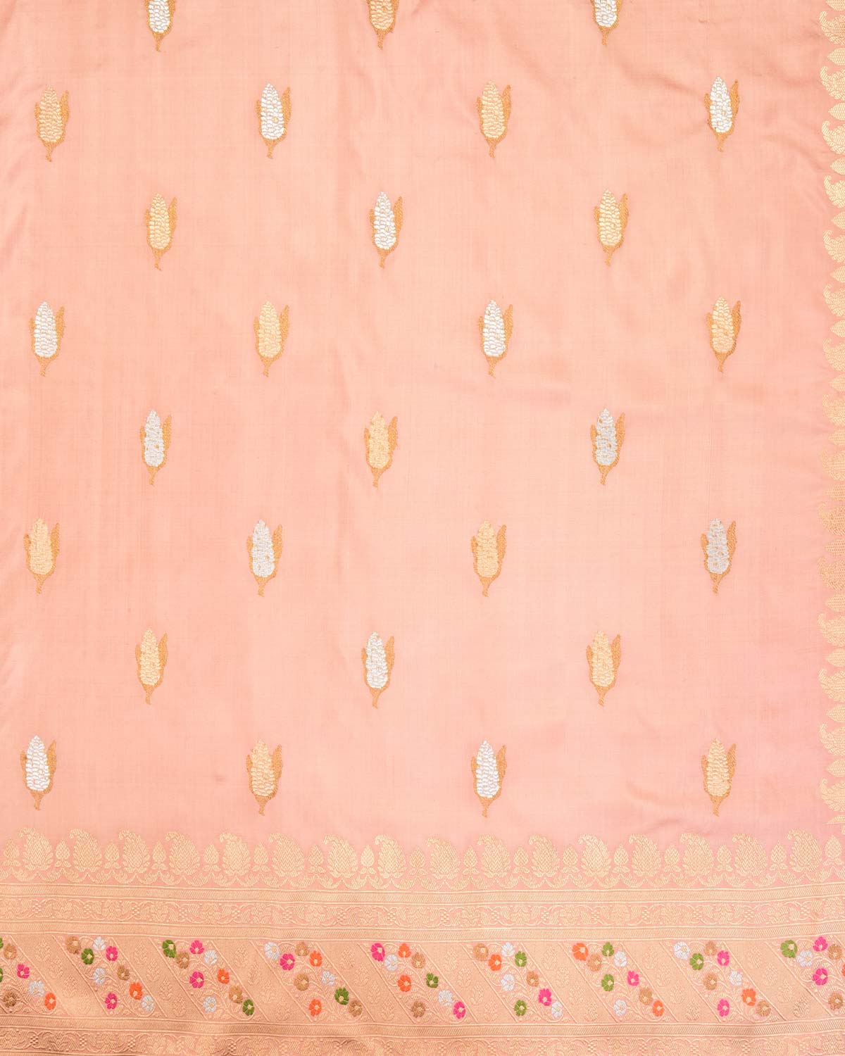 Peach Banarasi Gold Silver & Antique Zari Maize Buta Cutwork Brocade Handwoven Katan Silk Saree-HolyWeaves