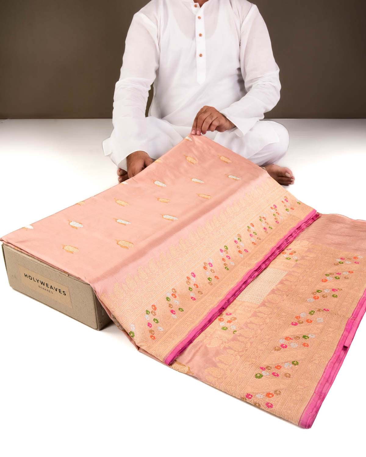 Peach Banarasi Gold Silver & Antique Zari Maize Buta Cutwork Brocade Handwoven Katan Silk Saree-HolyWeaves