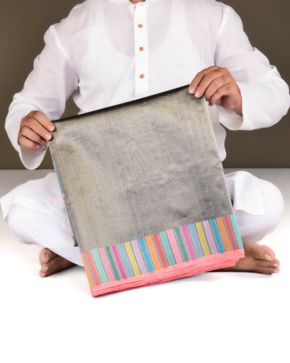 Metallic Gray Banarasi Multi-Color Exotic Piano Stripes Kadhuan Brocade Handwoven Kora Tissue Saree-HolyWeaves