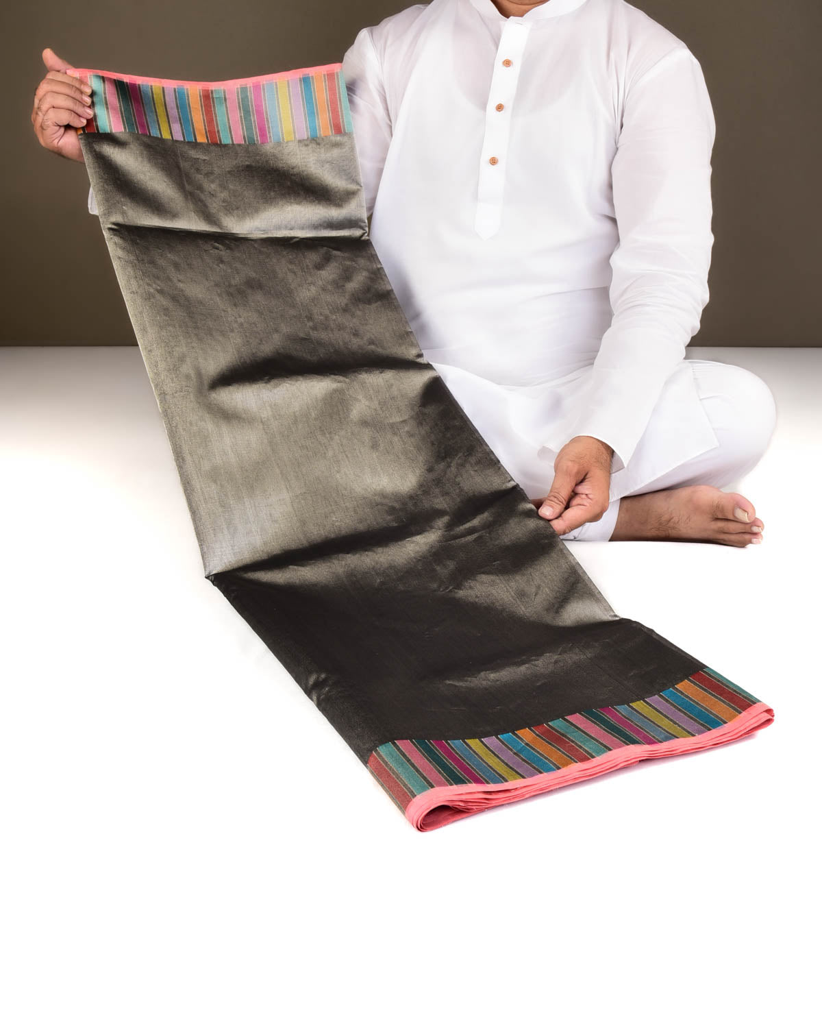 Metallic Gray Banarasi Multi-Color Exotic Piano Stripes Kadhuan Brocade Handwoven Kora Tissue Saree-HolyWeaves