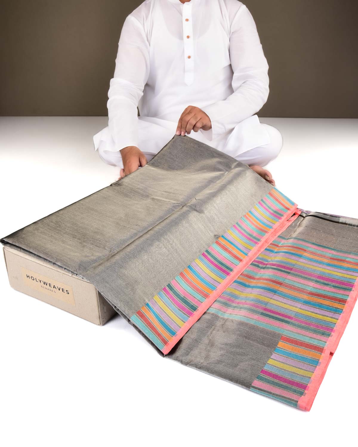 Metallic Gray Banarasi Multi-Color Exotic Piano Stripes Kadhuan Brocade Handwoven Kora Tissue Saree-HolyWeaves