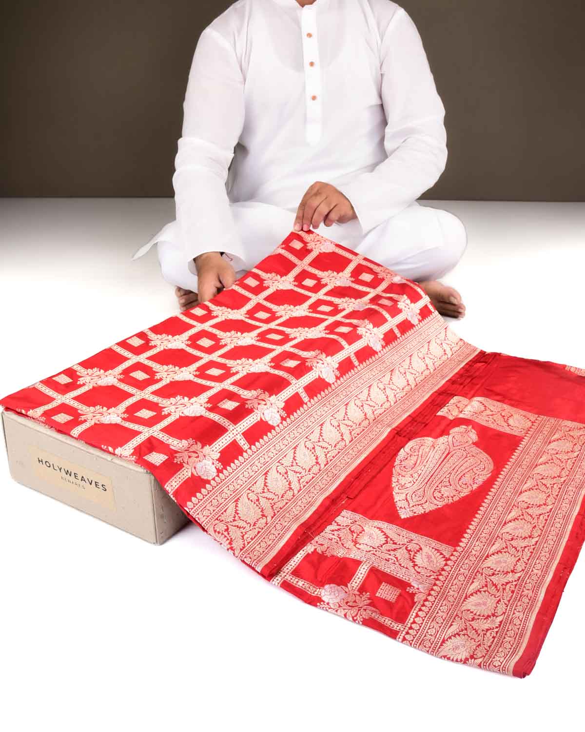 Bridal Red Banarasi Gold & Silver Zari Gulab Gharchola Cutwork Brocade Handwoven Katan Silk Saree-HolyWeaves