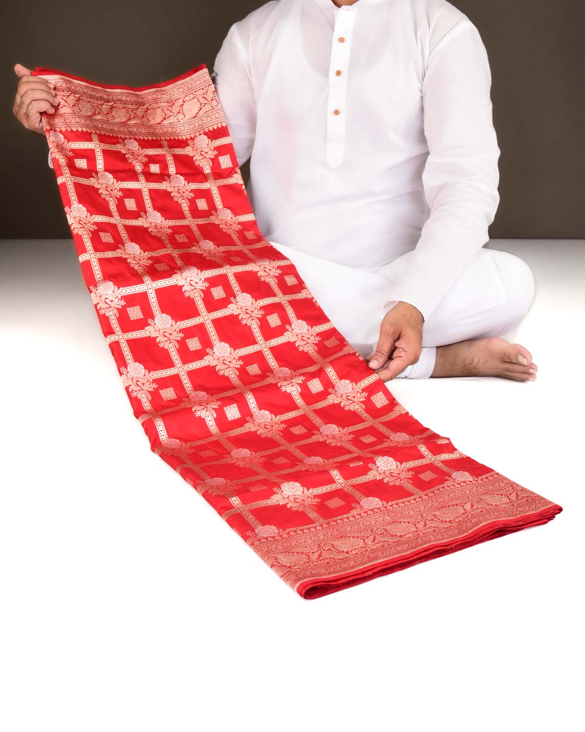 Bridal Red Banarasi Gold & Silver Zari Gulab Gharchola Cutwork Brocade Handwoven Katan Silk Saree-HolyWeaves