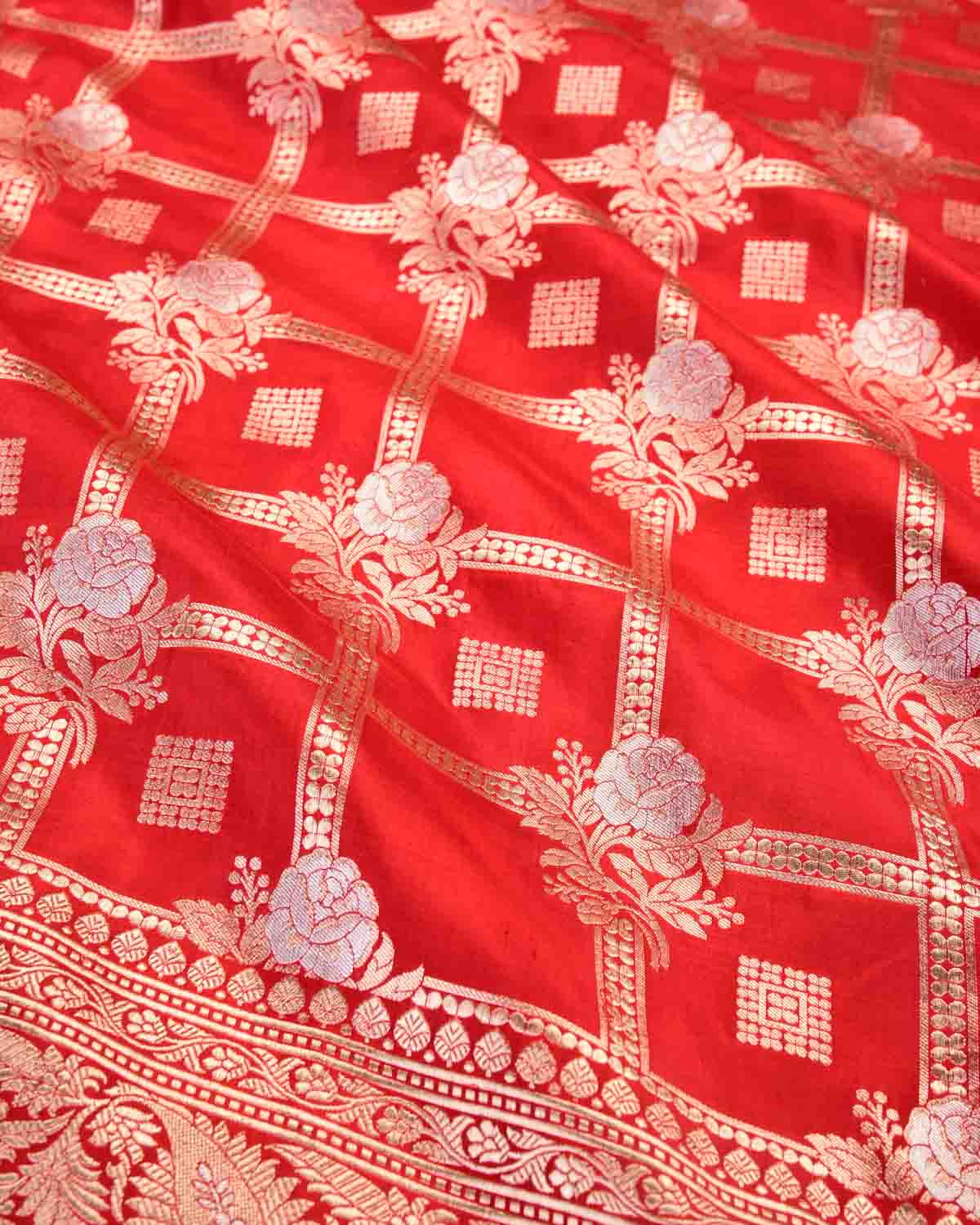 Bridal Red Banarasi Gold & Silver Zari Gulab Gharchola Cutwork Brocade Handwoven Katan Silk Saree-HolyWeaves