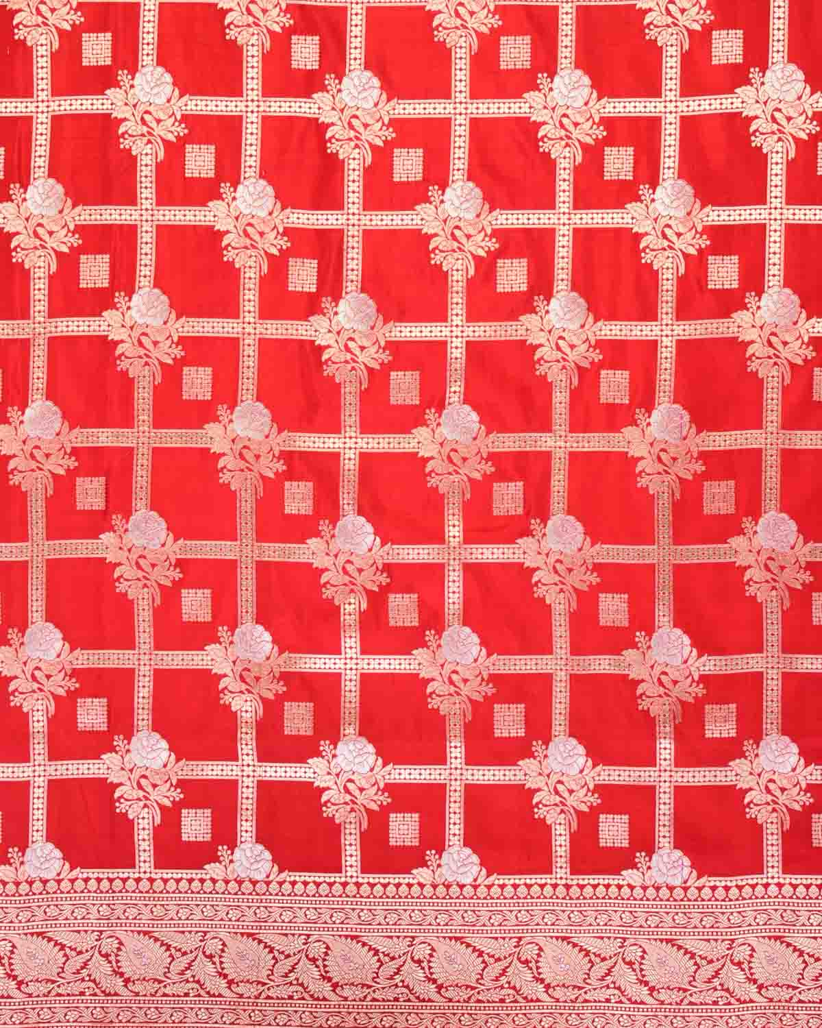 Bridal Red Banarasi Gold & Silver Zari Gulab Gharchola Cutwork Brocade Handwoven Katan Silk Saree-HolyWeaves