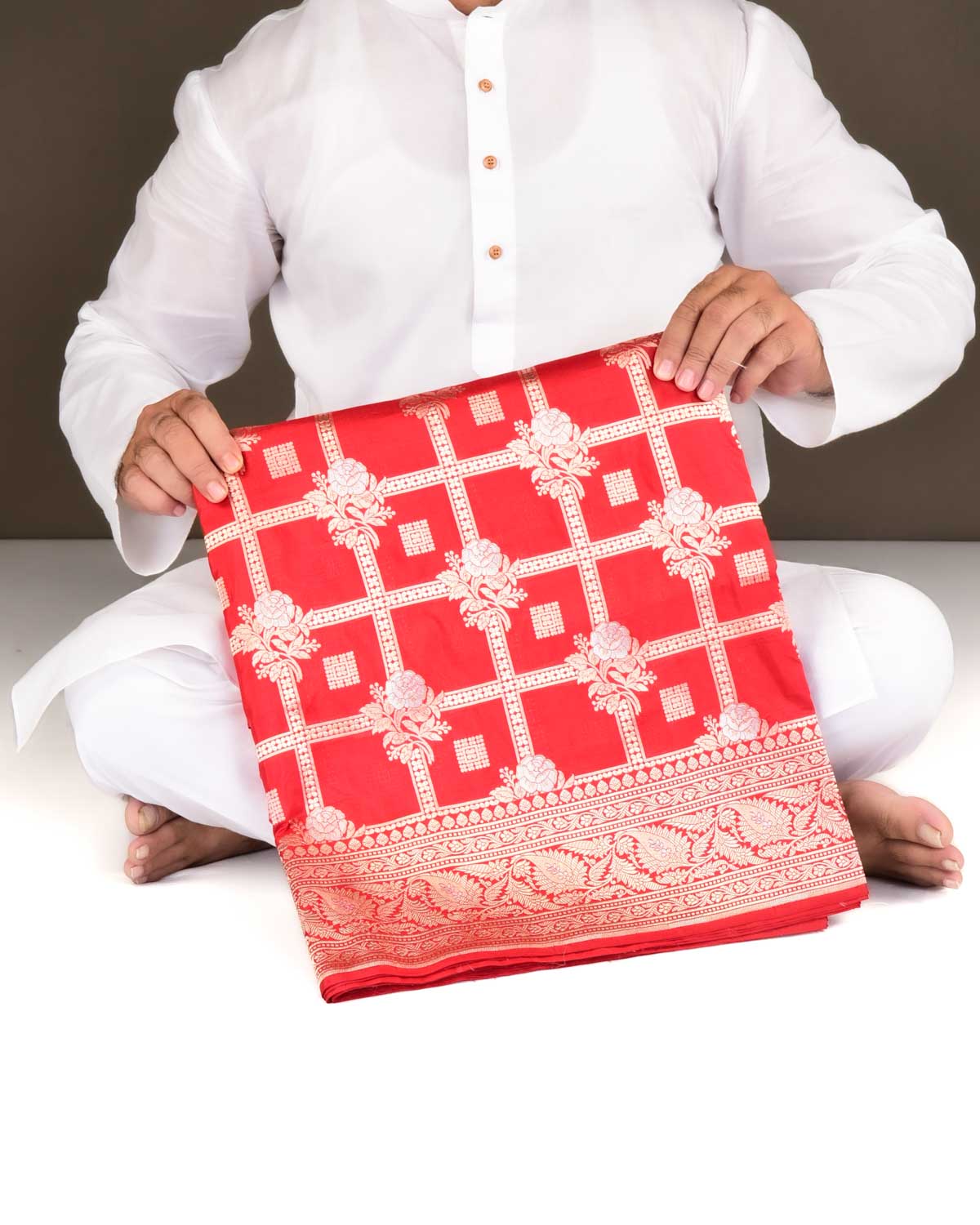 Bridal Red Banarasi Gold & Silver Zari Gulab Gharchola Cutwork Brocade Handwoven Katan Silk Saree-HolyWeaves