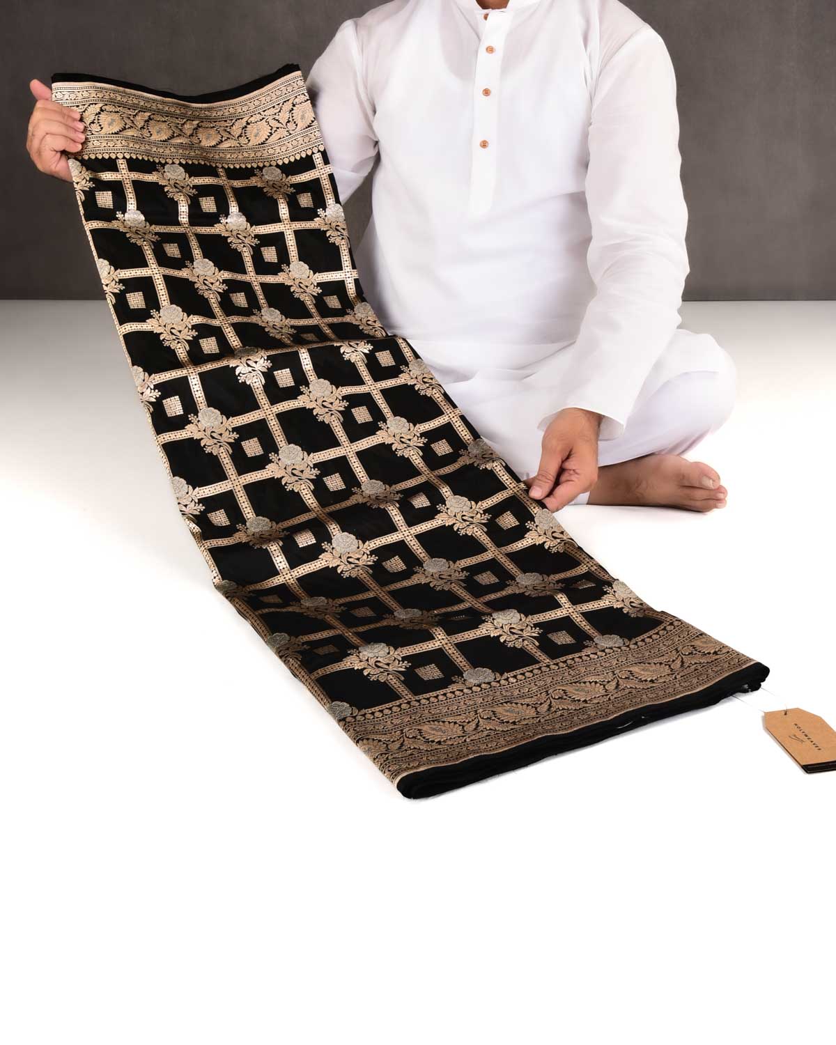 Black Banarasi Gold & Silver Zari Gulab Gharchola Cutwork Brocade Handwoven Katan Silk Saree-HolyWeaves