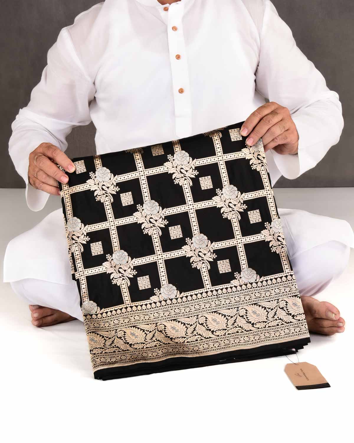 Black Banarasi Gold & Silver Zari Gulab Gharchola Cutwork Brocade Handwoven Katan Silk Saree-HolyWeaves