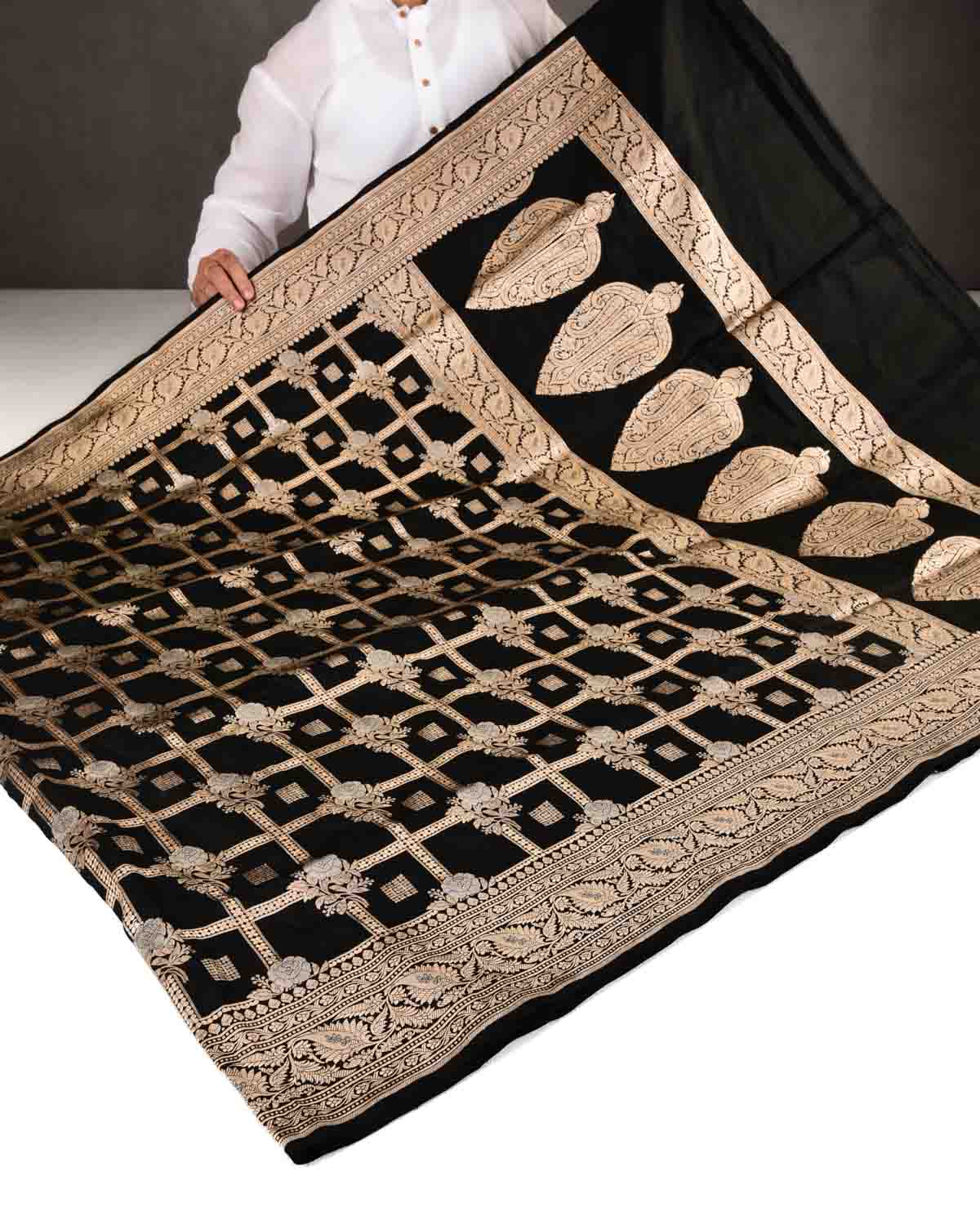 Black Banarasi Gold & Silver Zari Gulab Gharchola Cutwork Brocade Handwoven Katan Silk Saree-HolyWeaves