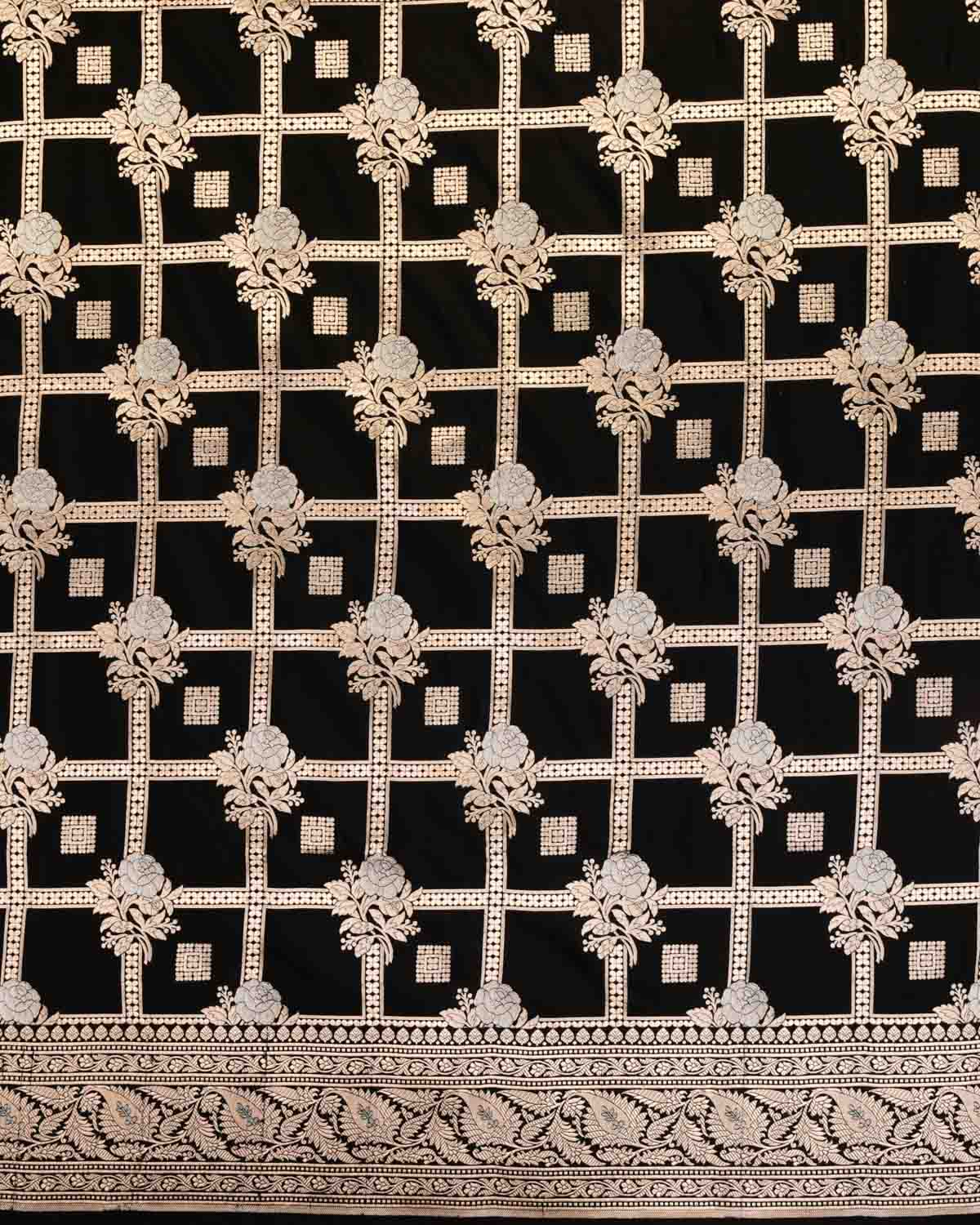 Black Banarasi Gold & Silver Zari Gulab Gharchola Cutwork Brocade Handwoven Katan Silk Saree-HolyWeaves