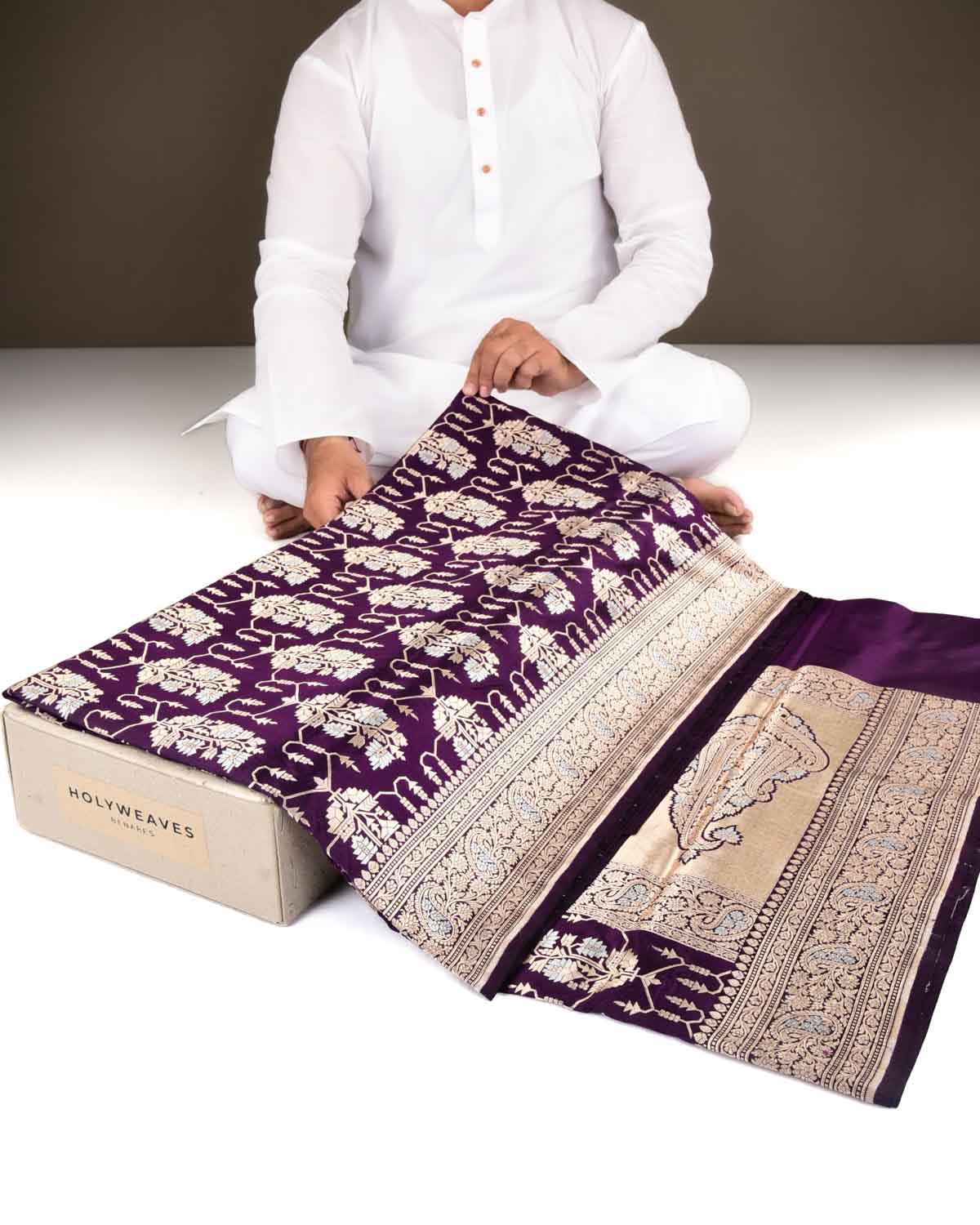 Purple Banarasi Gold & Silver Zari Paisley Grids Cutwork Brocade Handwoven Katan Silk Saree-HolyWeaves