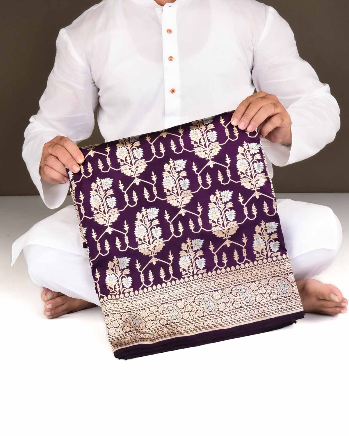 Purple Banarasi Gold & Silver Zari Paisley Grids Cutwork Brocade Handwoven Katan Silk Saree-HolyWeaves