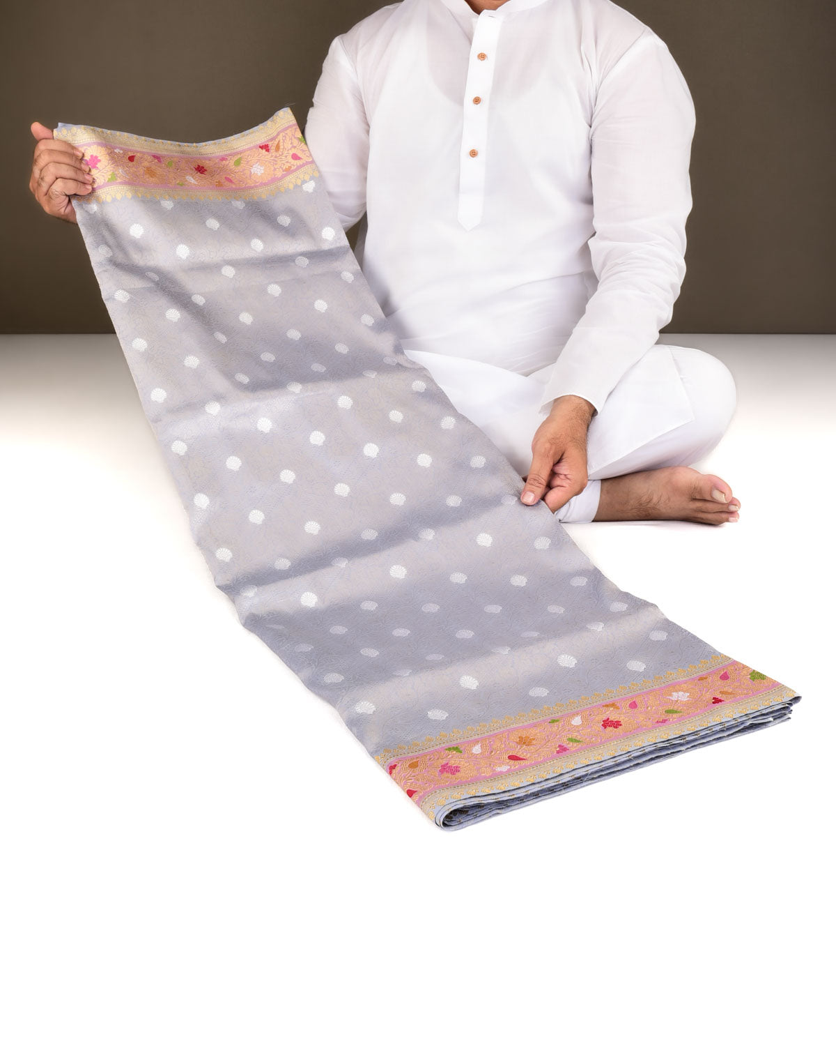 Silver Gray Banarasi Silver Zari Cutwork Brocade Handwoven Katan Silk Saree with Meenekari Border-HolyWeaves