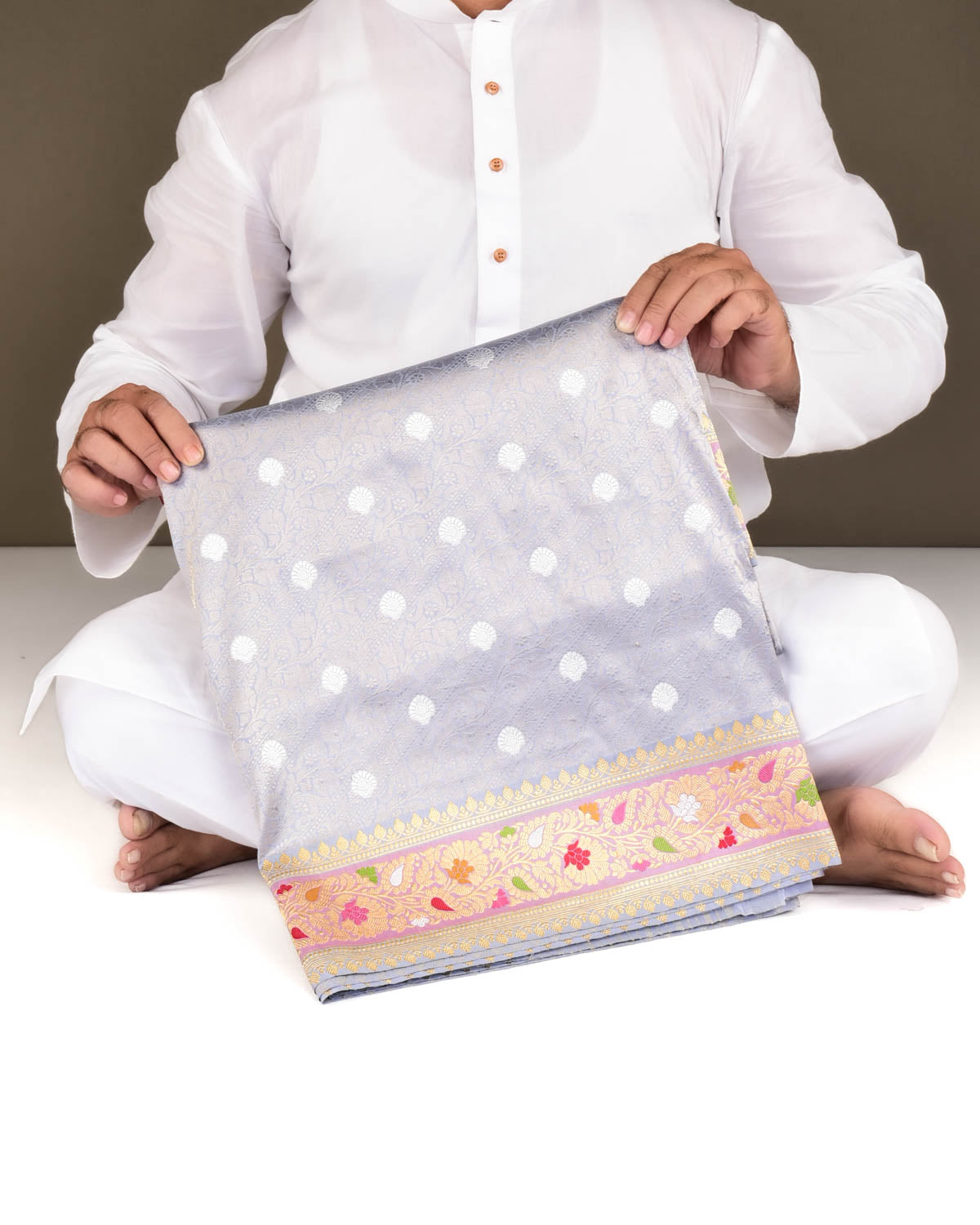 Silver Gray Banarasi Silver Zari Cutwork Brocade Handwoven Katan Silk Saree with Meenekari Border-HolyWeaves