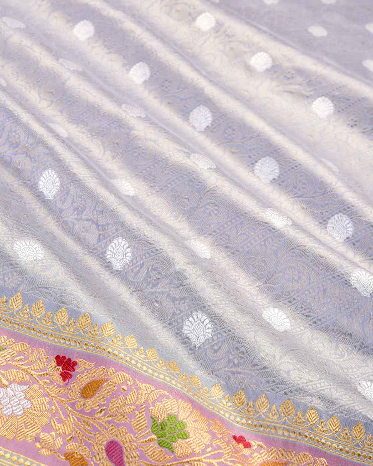 Silver Gray Banarasi Silver Zari Cutwork Brocade Handwoven Katan Silk Saree with Meenekari Border-HolyWeaves