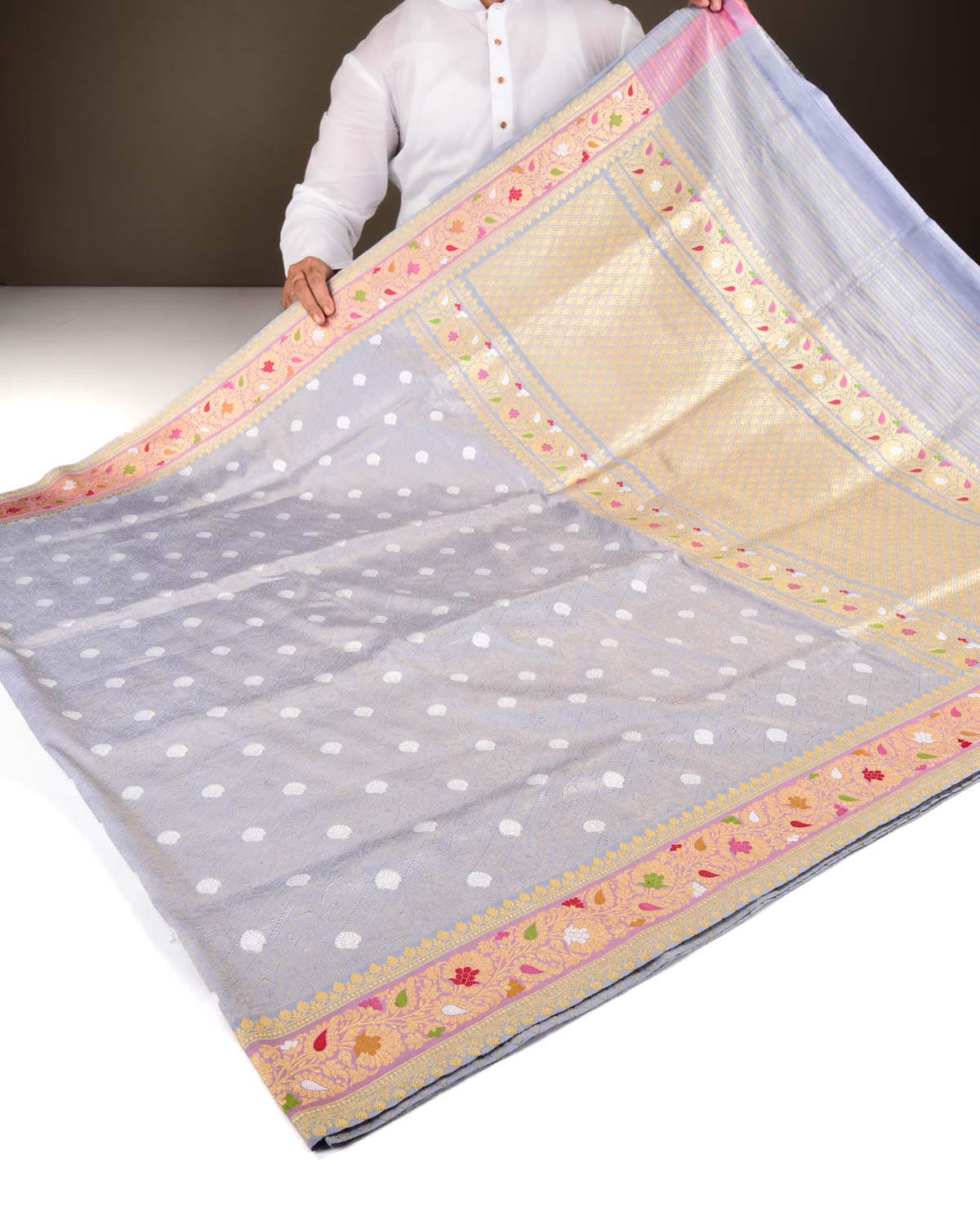 Silver Gray Banarasi Silver Zari Cutwork Brocade Handwoven Katan Silk Saree with Meenekari Border-HolyWeaves