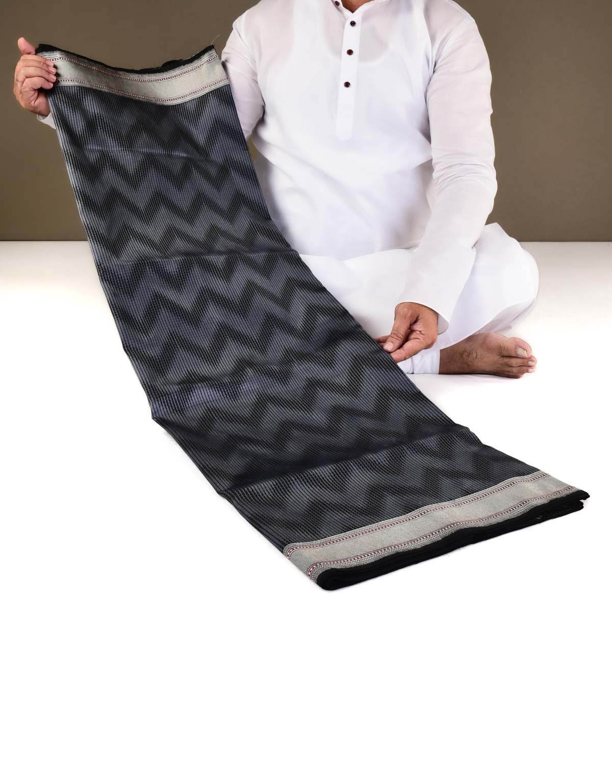Gray Banarasi Herring Bone Chevron Tanchoi Brocade Handwoven Katan Silk Saree with Silver Border Pallu-HolyWeaves