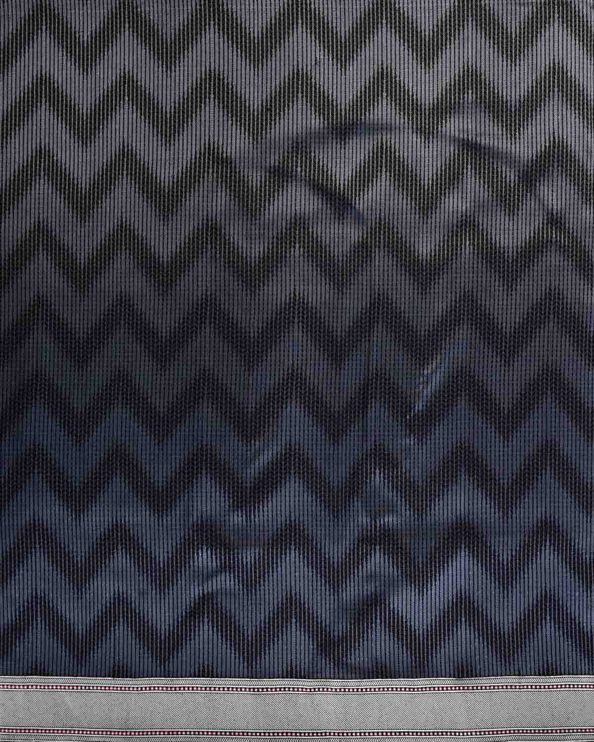 Gray Banarasi Herring Bone Chevron Tanchoi Brocade Handwoven Katan Silk Saree with Silver Border Pallu-HolyWeaves