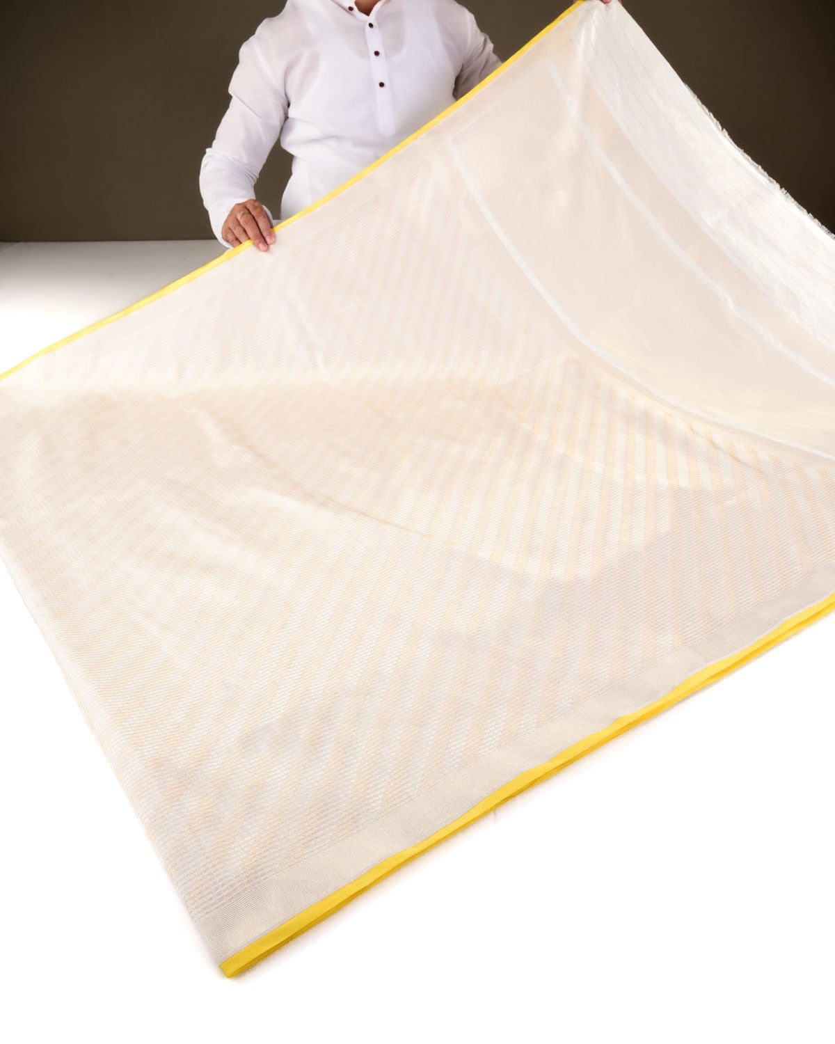 Cream Banarasi Gold & Silver Zari Chequered Grids Diagonal Stripes Brocade Handwoven Katan Silk Saree with Golden Border Pallu-HolyWeaves