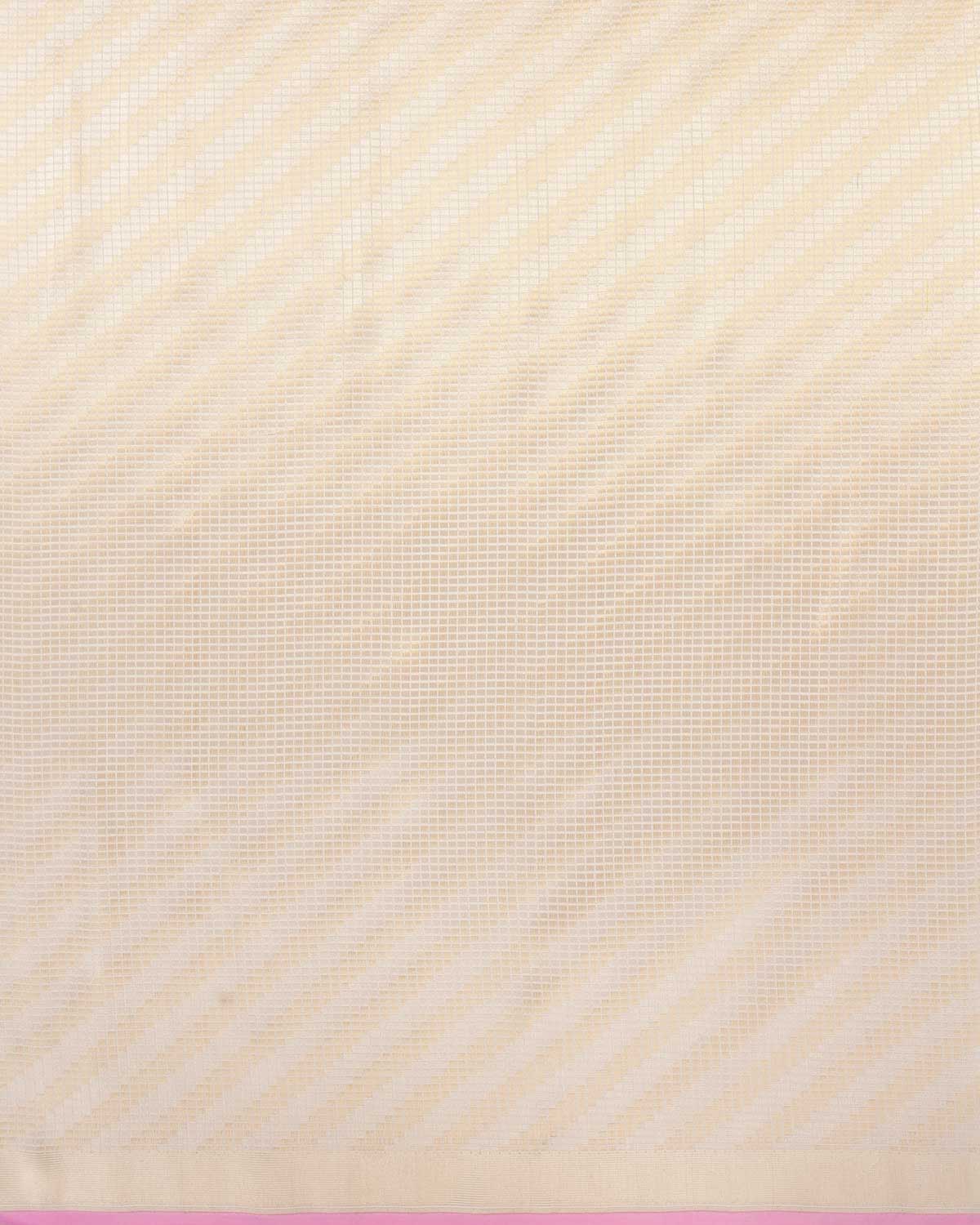 White Banarasi Gold & Silver Zari Chequered Grids Diagonal Stripes Brocade Handwoven Katan Silk Saree with Pink Selvage-HolyWeaves