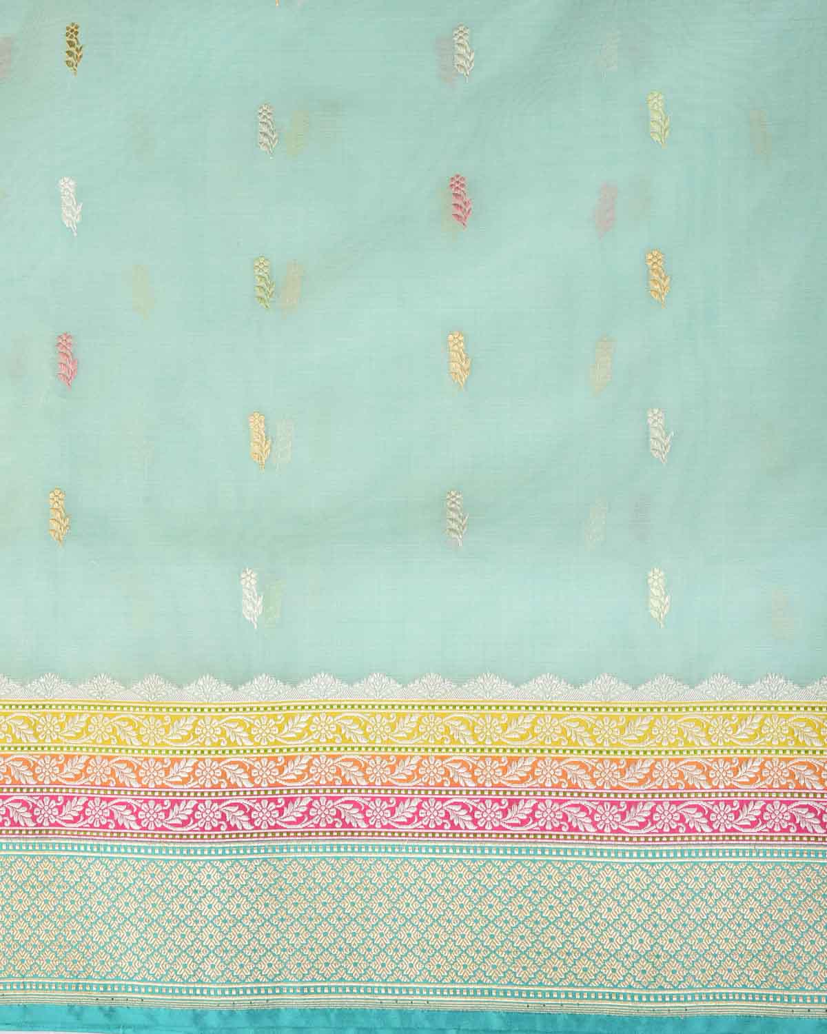 Powder Aqua Marine Gold Zari & Resham Buti Kadhuan Brocade Handwoven Kora Silk Banarasi Saree