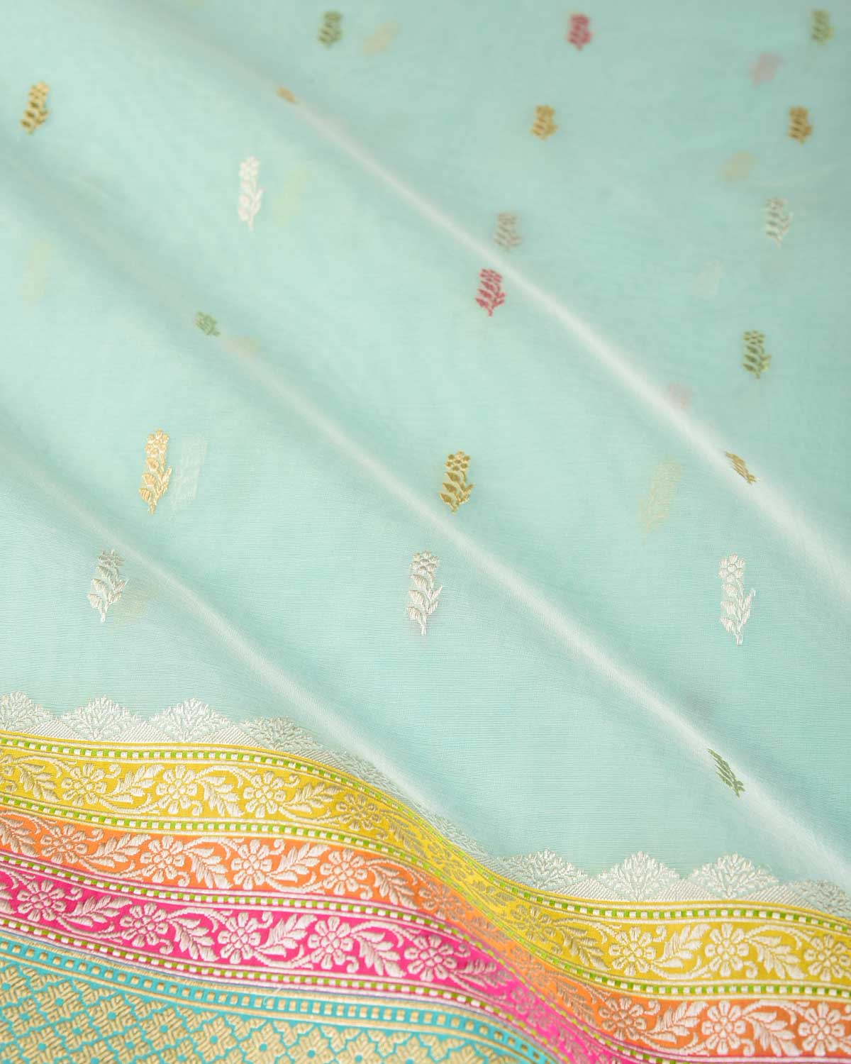 Powder Aqua Marine Gold Zari & Resham Buti Kadhuan Brocade Handwoven Kora Silk Banarasi Saree