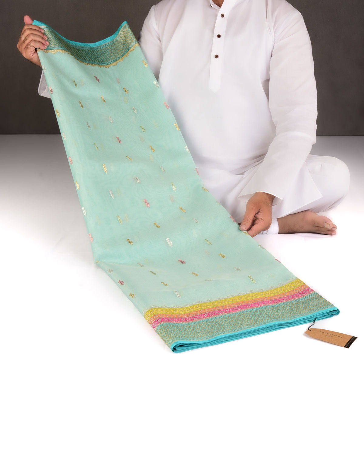 Powder Aqua Marine Gold Zari & Resham Buti Kadhuan Brocade Handwoven Kora Silk Banarasi Saree