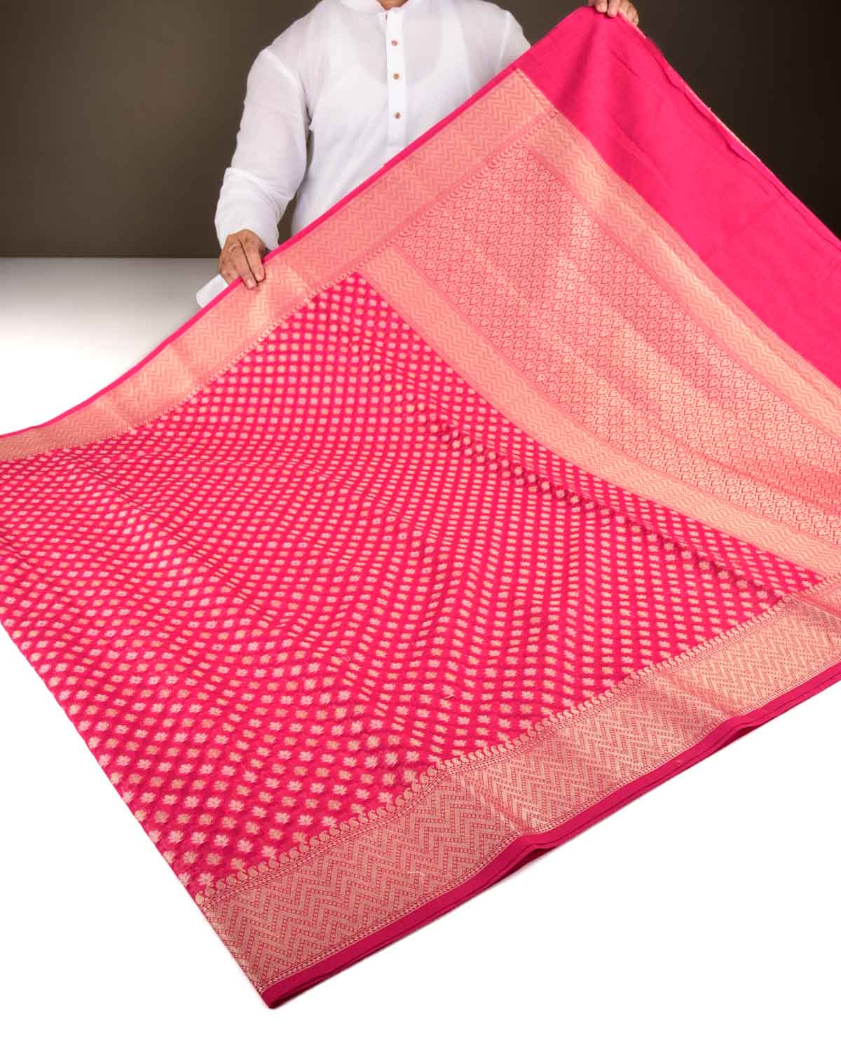 Rani Pink Banarasi Gold Zari & Resham Buti Cutwork Brocade Woven Art Cotton Silk Saree-HolyWeaves