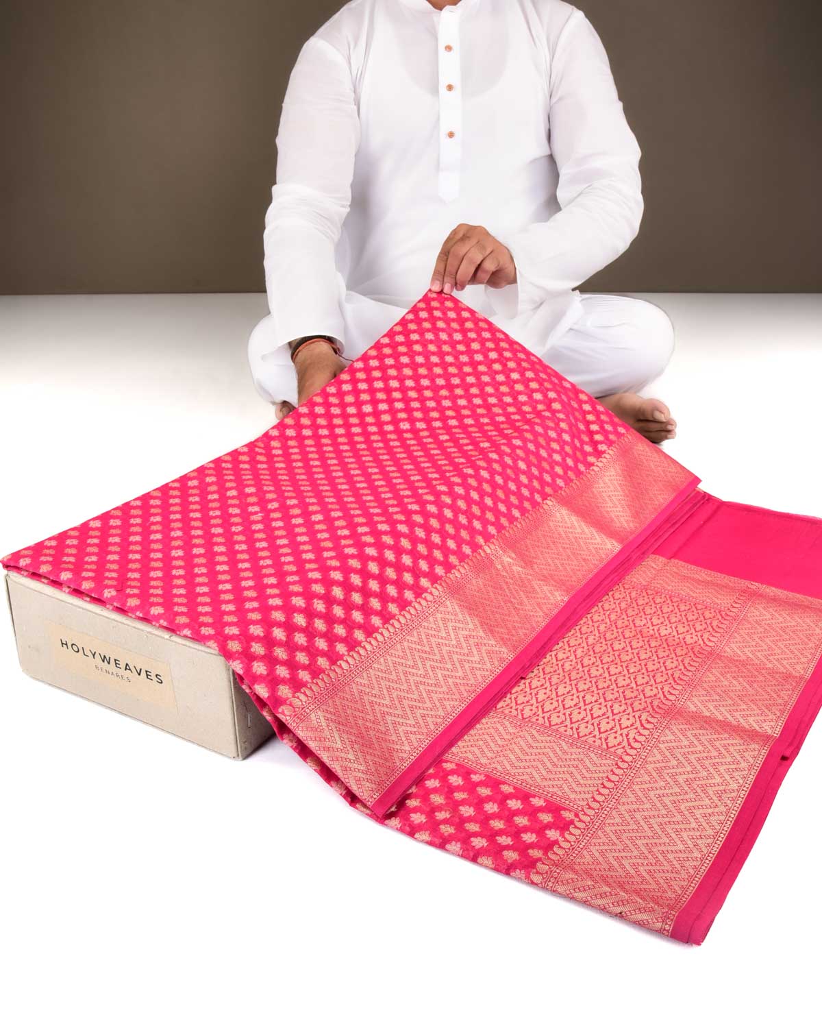 Rani Pink Banarasi Gold Zari & Resham Buti Cutwork Brocade Woven Art Cotton Silk Saree-HolyWeaves