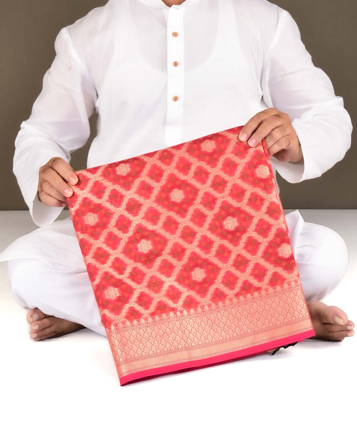 Red Banarasi Gold Zari & Resham Meena Jaal Cutwork Brocade Woven Art Cotton Silk Saree-HolyWeaves