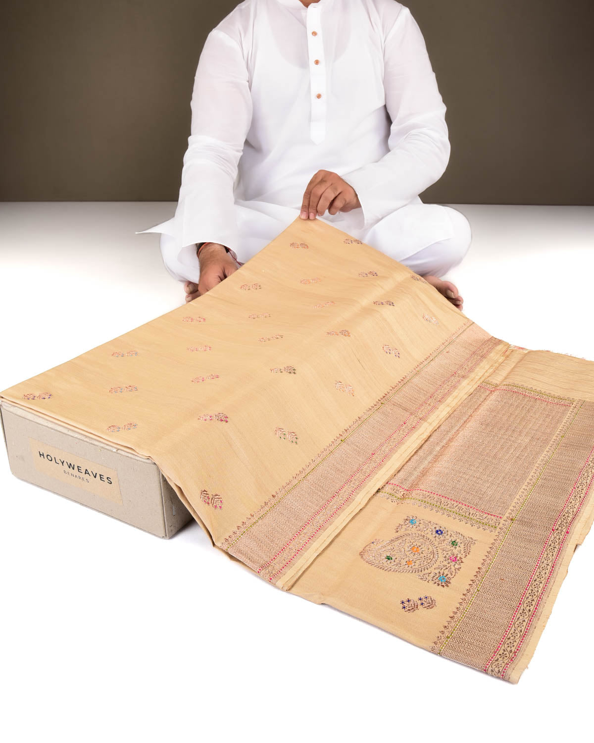 Classic Beige Banarasi Gold Zari & Meena Duet Buti Kadhuan Brocade Handwoven Tasar Silk Saree with Koniya Buta-HolyWeaves