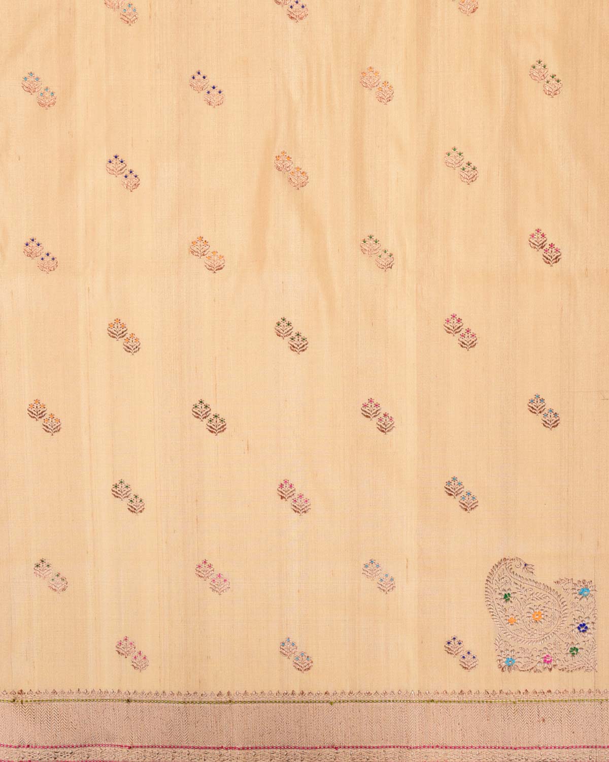 Classic Beige Banarasi Gold Zari & Meena Duet Buti Kadhuan Brocade Handwoven Tasar Silk Saree with Koniya Buta-HolyWeaves