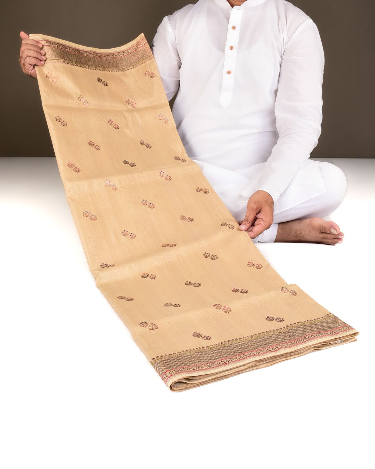 Classic Beige Banarasi Gold Zari & Meena Duet Buti Kadhuan Brocade Handwoven Tasar Silk Saree with Koniya Buta-HolyWeaves