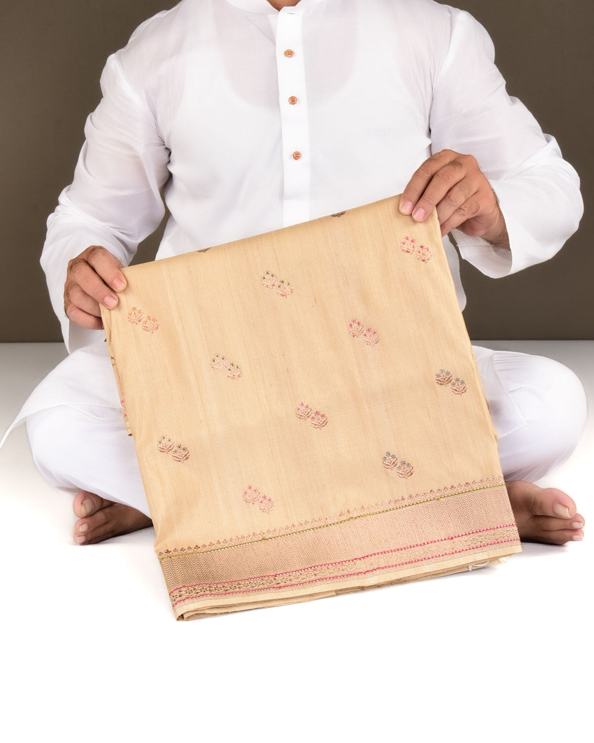 Classic Beige Banarasi Gold Zari & Meena Duet Buti Kadhuan Brocade Handwoven Tasar Silk Saree with Koniya Buta-HolyWeaves