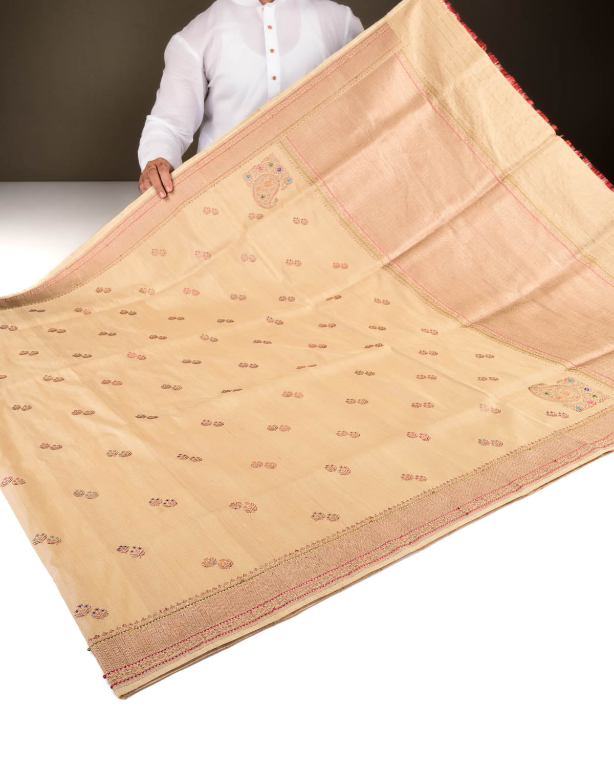 Classic Beige Banarasi Gold Zari & Meena Duet Buti Kadhuan Brocade Handwoven Tasar Silk Saree with Koniya Buta-HolyWeaves