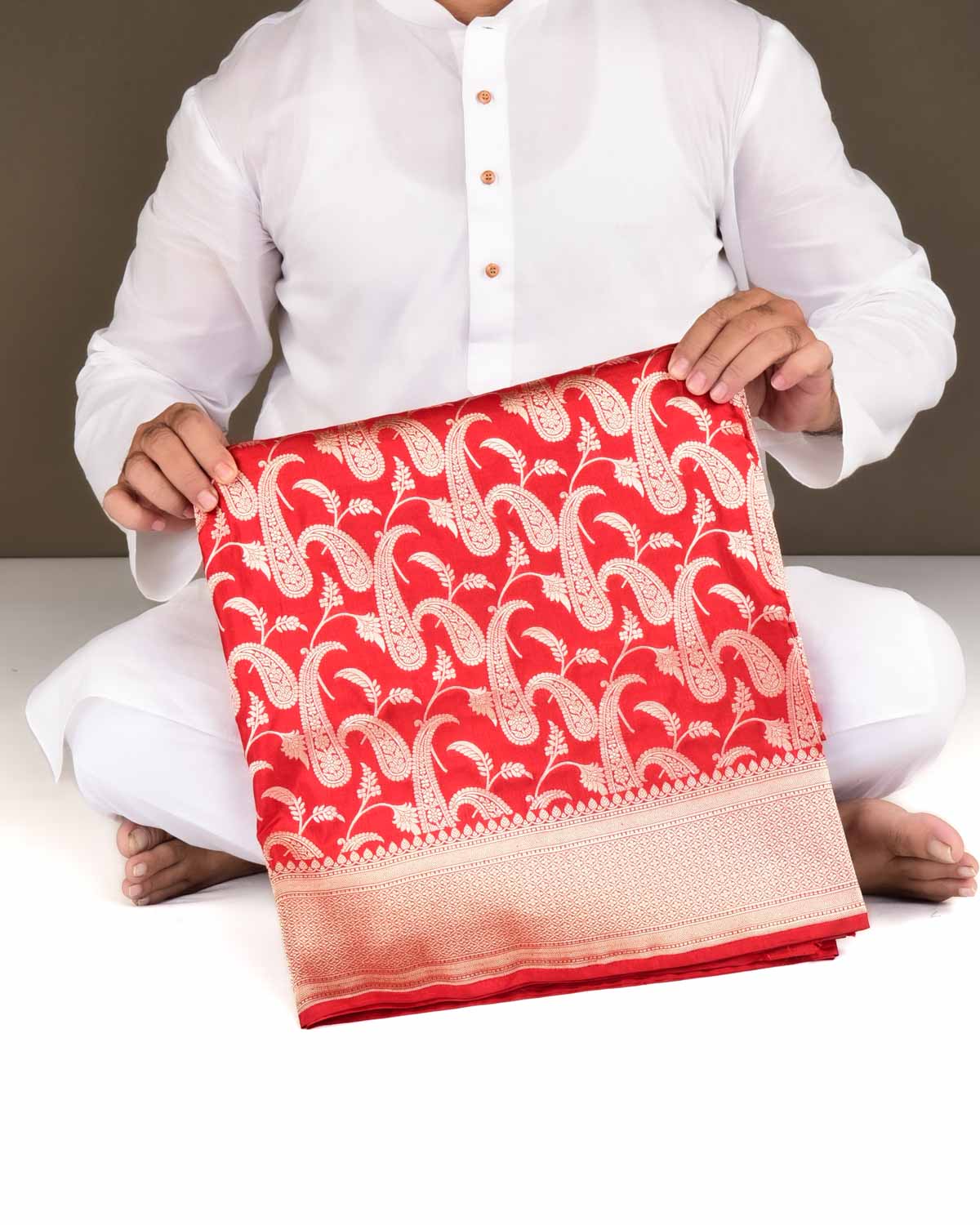 Bridal Red Banarasi Gold Zari Paisley Jaal Cutwork Brocade Handwoven Katan Silk Saree-HolyWeaves