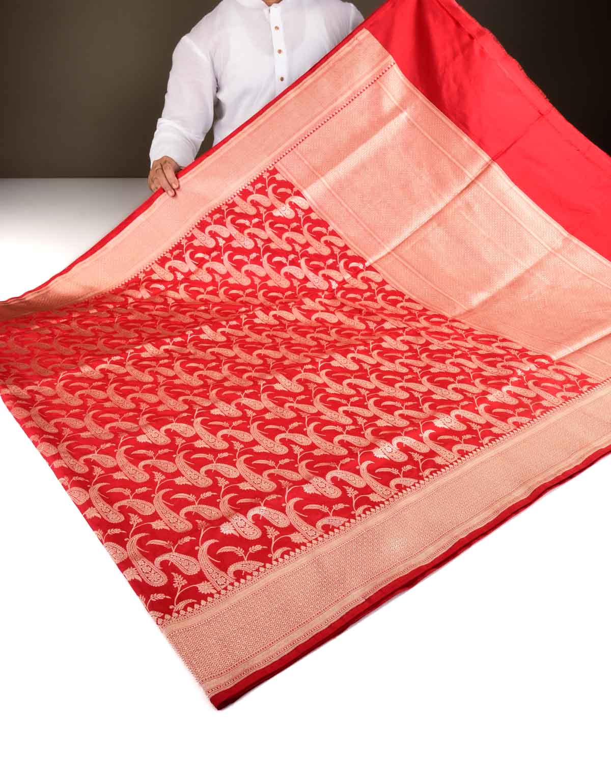 Bridal Red Banarasi Gold Zari Paisley Jaal Cutwork Brocade Handwoven Katan Silk Saree-HolyWeaves