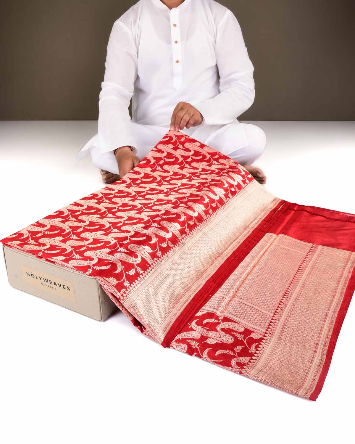 Bridal Red Banarasi Gold Zari Paisley Jaal Cutwork Brocade Handwoven Katan Silk Saree-HolyWeaves