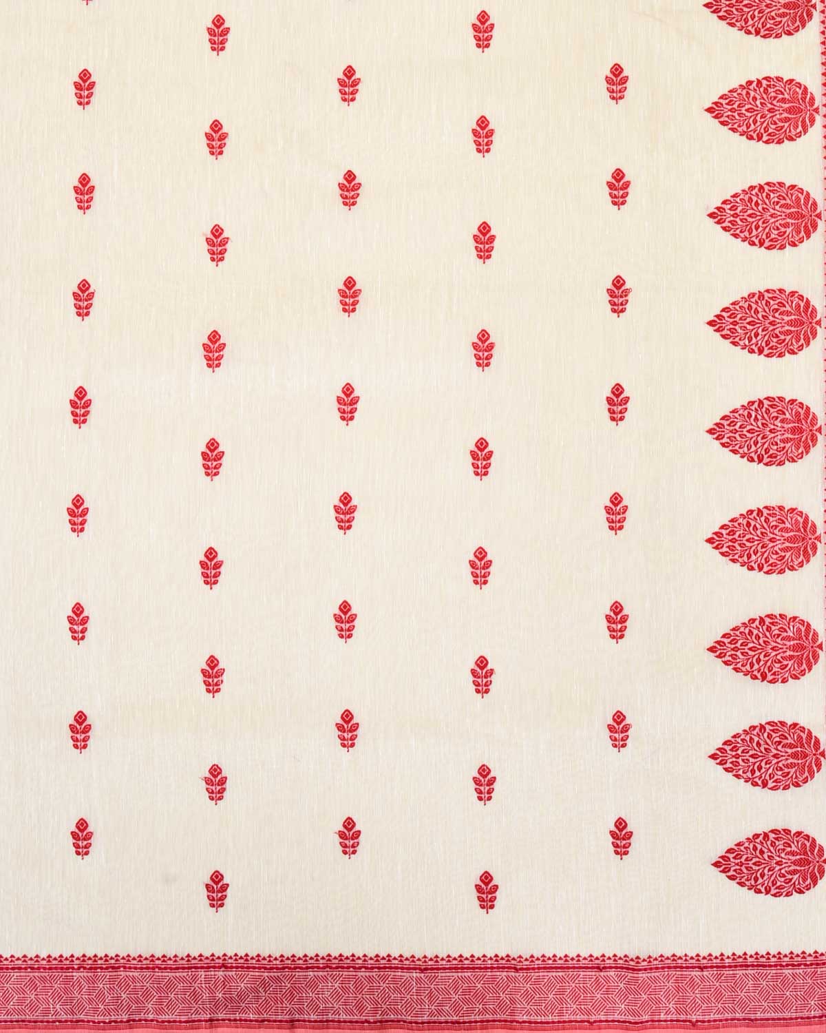 Red & White Banarasi Morpankh Buti Kadhuan Brocade Handwoven Linen Silk Saree-HolyWeaves