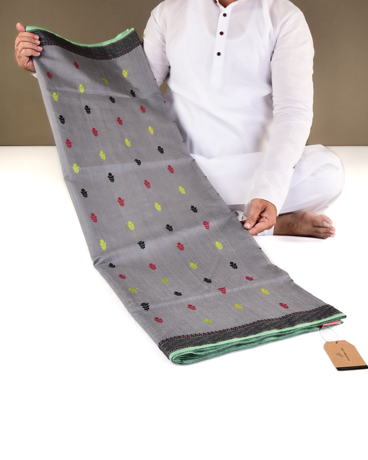 Gray Banarasi Lightweight Resham Buti Kadhuan Brocade Handwoven Muga Silk Saree-HolyWeaves