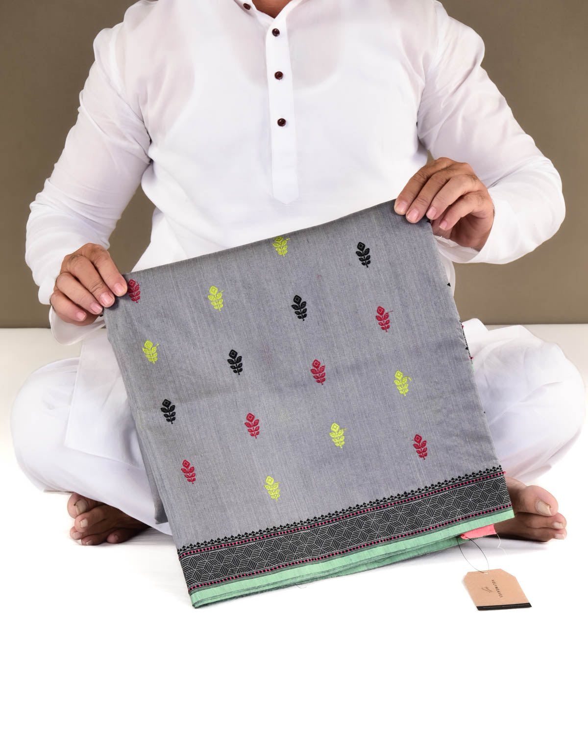 Gray Banarasi Lightweight Resham Buti Kadhuan Brocade Handwoven Muga Silk Saree-HolyWeaves