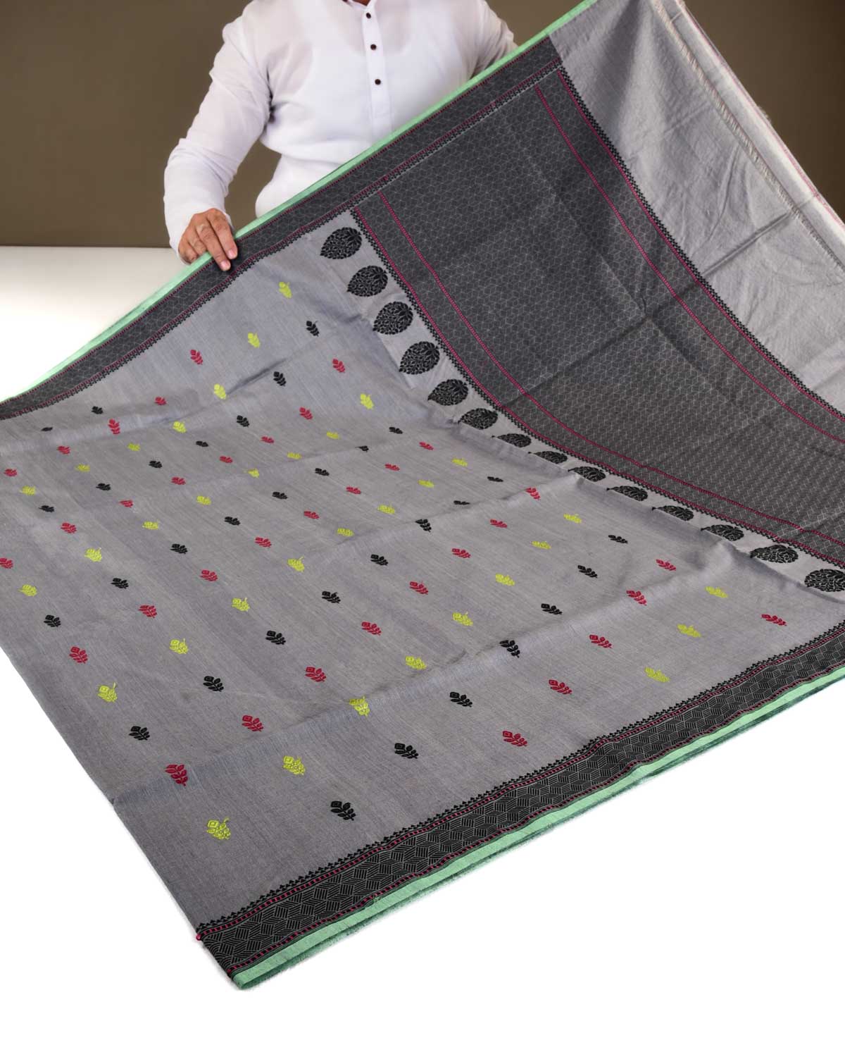 Gray Banarasi Lightweight Resham Buti Kadhuan Brocade Handwoven Muga Silk Saree-HolyWeaves