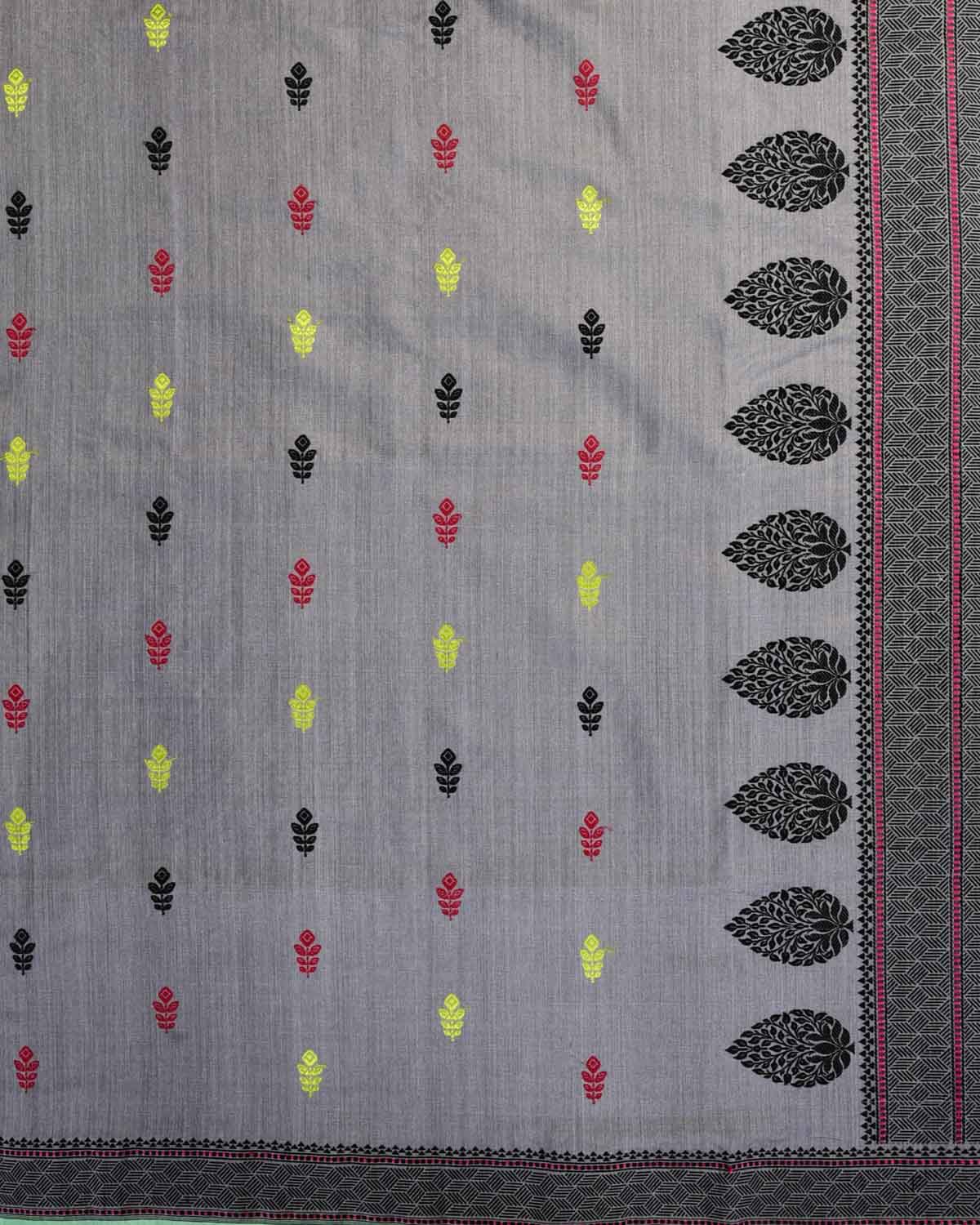 Gray Banarasi Lightweight Resham Buti Kadhuan Brocade Handwoven Muga Silk Saree-HolyWeaves