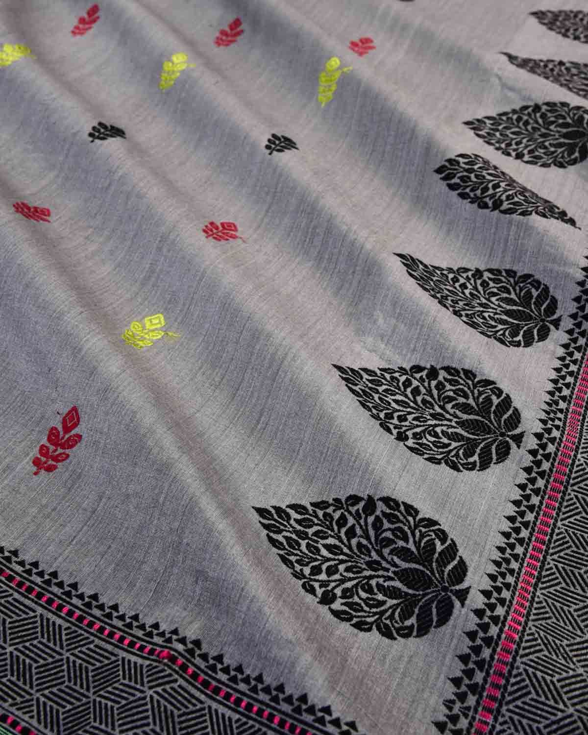 Gray Banarasi Lightweight Resham Buti Kadhuan Brocade Handwoven Muga Silk Saree-HolyWeaves
