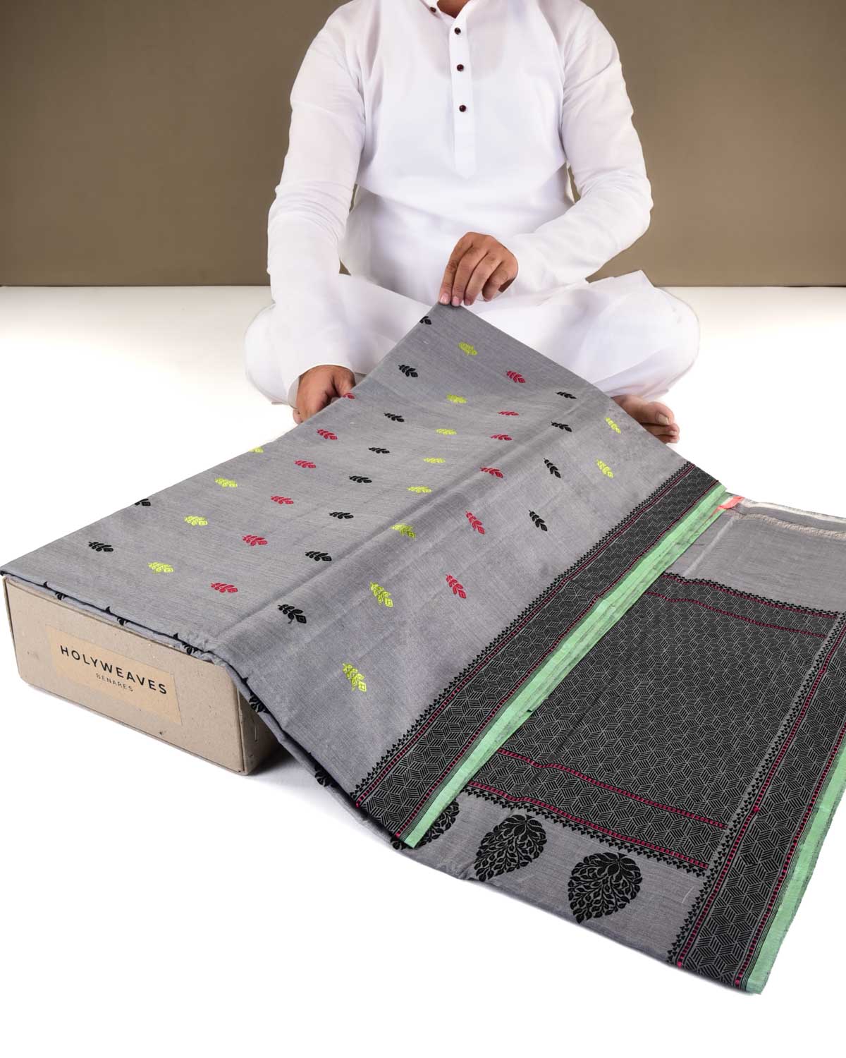 Gray Banarasi Lightweight Resham Buti Kadhuan Brocade Handwoven Muga Silk Saree-HolyWeaves