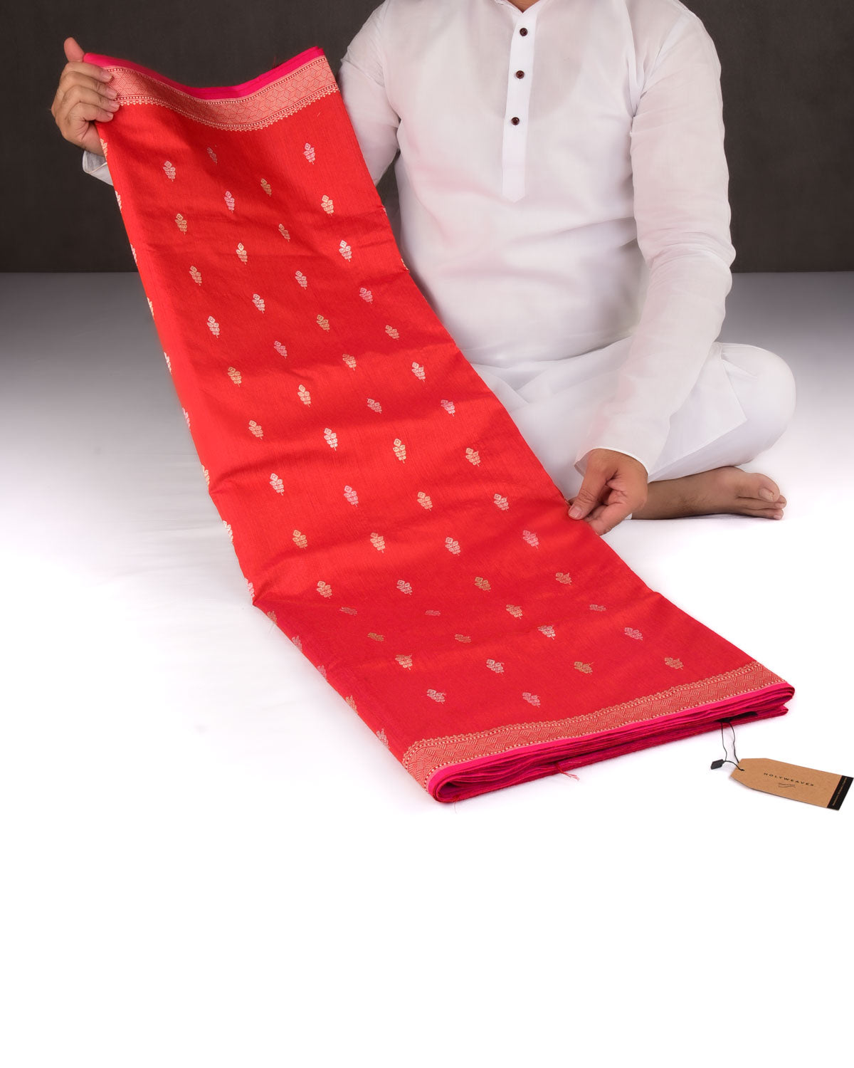 Shot Red-Pink Banarasi Gold & Silver Colored Zari Buti Kadhuan Brocade Handwoven Muga Silk Saree-HolyWeaves