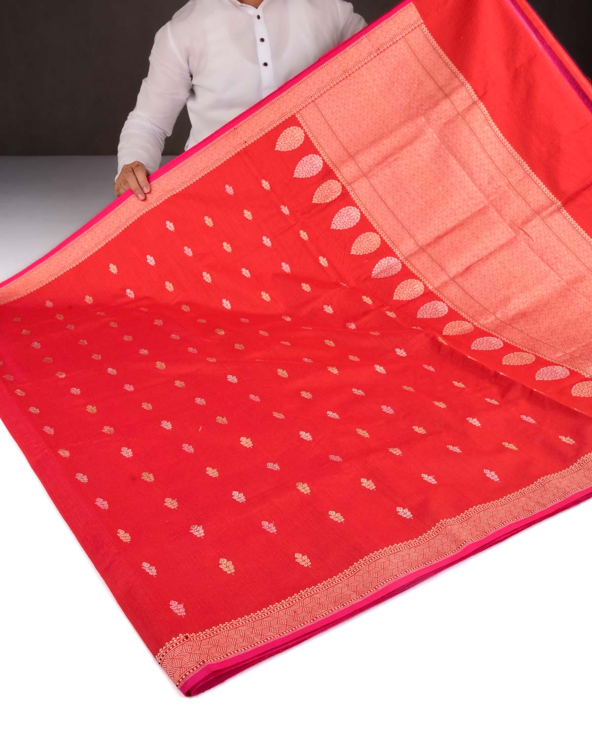 Shot Red-Pink Banarasi Gold & Silver Colored Zari Buti Kadhuan Brocade Handwoven Muga Silk Saree-HolyWeaves