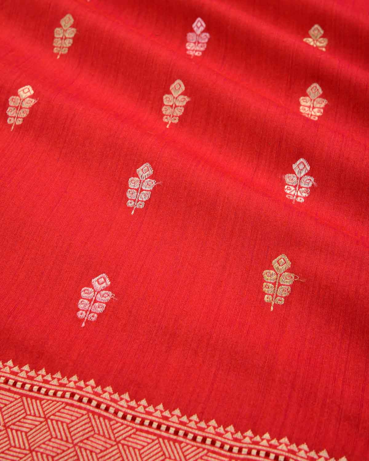 Shot Red-Pink Banarasi Gold & Silver Colored Zari Buti Kadhuan Brocade Handwoven Muga Silk Saree-HolyWeaves